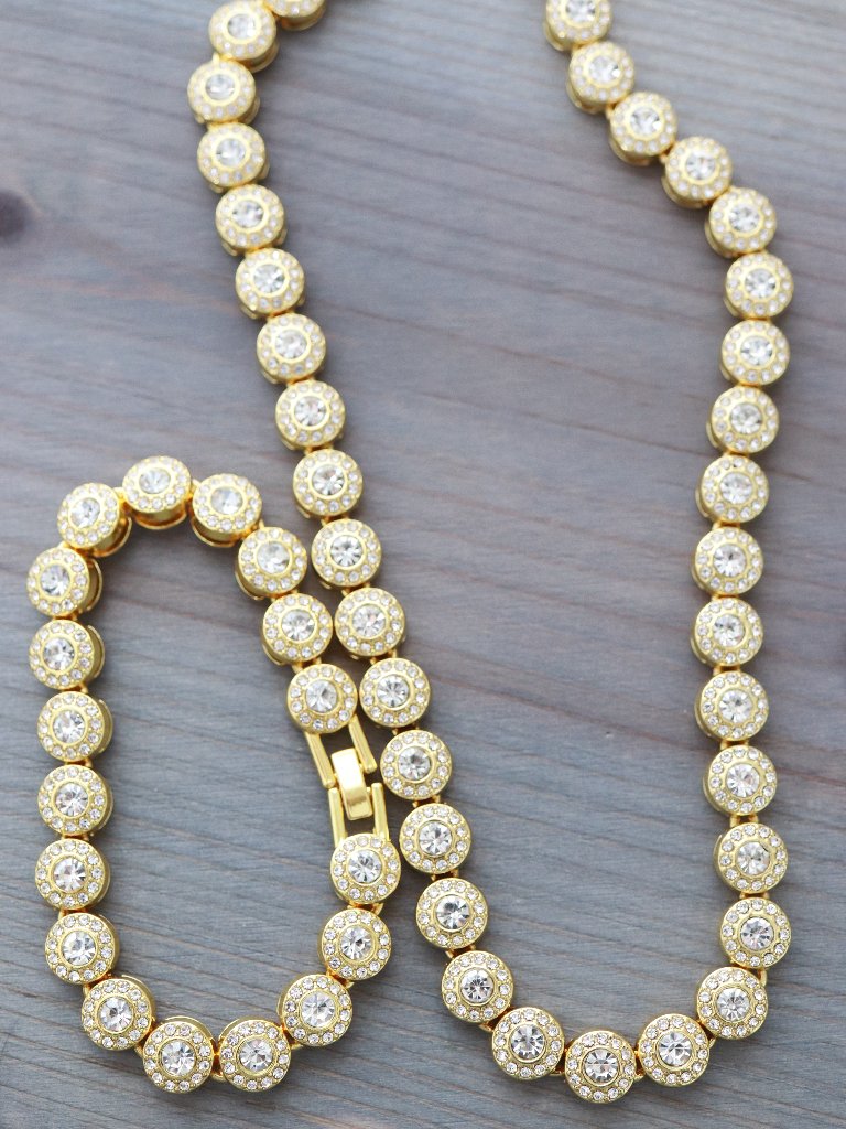 Round Halo Cluster Cz Diamond Tennis Style Necklace/Bracelet Jewelry Sets 18k Gp